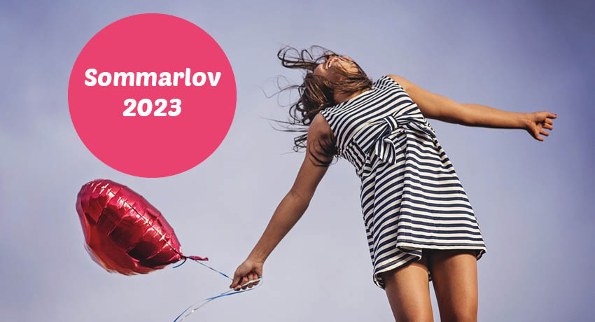En flicka som håller i en ballong. En rosa cirkel med texten sommarlov 2023.