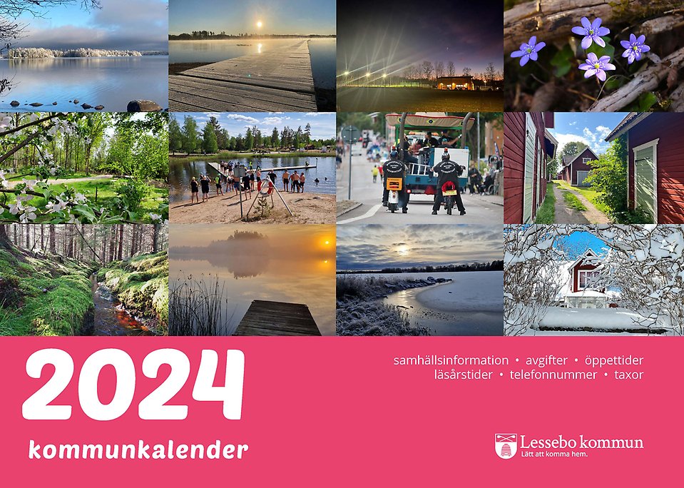 Framsidan av kommunens årskalender. Det finns 12 bilder som representerar månaderna januari till december 2023. Ett rosa band under bilderna med vit text.